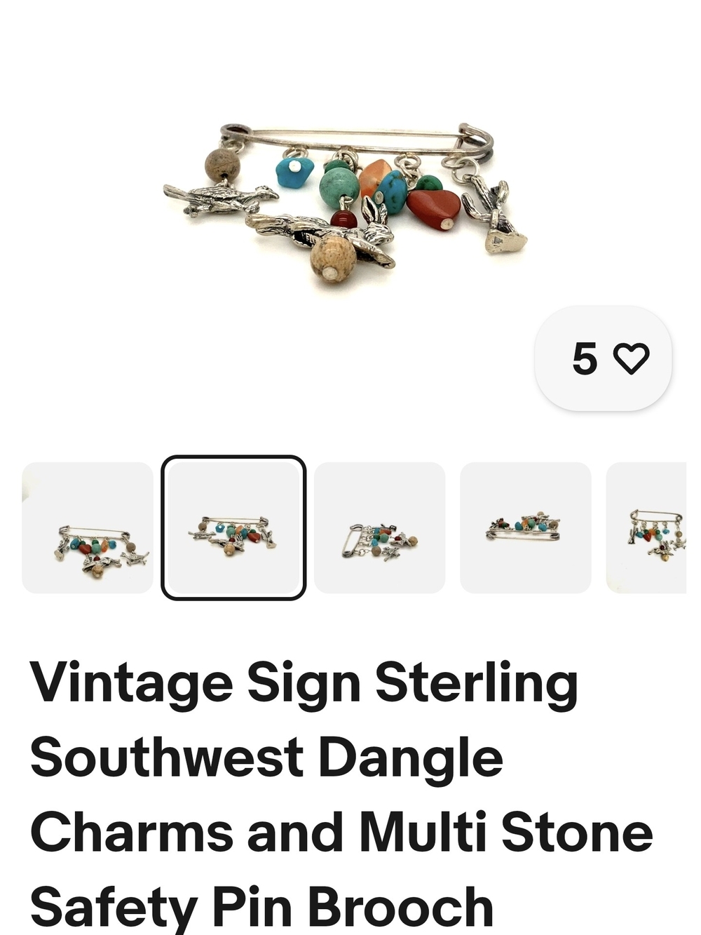 Sterling Multi-Stone Southwest Dangle Safety Pin Brooch - Turquoise & Coral